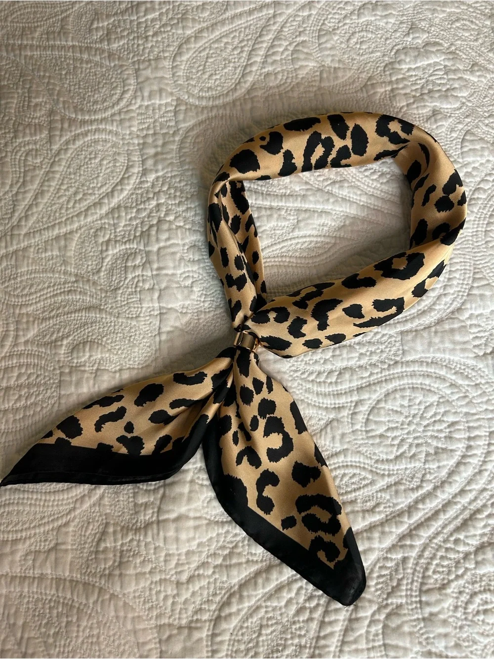 New Leopard Print Satin Neck Scarf - Black & Tan